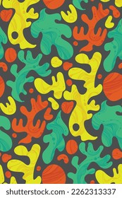 Patrón sin foco de ilustración étnica e infantil de plantas de flores abstractas en colores amarillos, rojos y turquesa en el fondo oscuro. Se puede utilizar como diseño para un papel o textil de envoltura