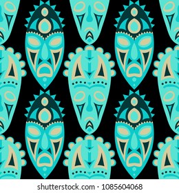 Seamless Pattern. Ethnic Seamless Pattern with Color Masks for Card or Poster. Ethnic Seamless Pattern with Color Trible Shamanic Masks for your Design. Vector Texture.