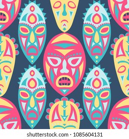 Seamless Pattern. Ethnic Seamless Pattern with Color Masks for Print or Card. Ethnic Seamless Background with Color Trible Ritual Masks for your Design. Vector Texture.