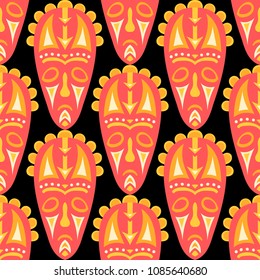Seamless Pattern. Ethnic Seamless Pattern with Color Masks for Card or Poster. Ethnic Seamless Pattern with Color Trible Shamanic Masks for your Design. Vector Texture.