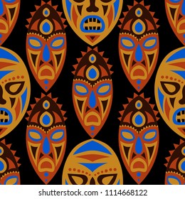 Seamless Pattern. Ethnic Seamless Pattern with Color Masks for Print or Card. Ethnic Seamless Background with Color Trible Ritual Masks for your Design. Vector Texture.