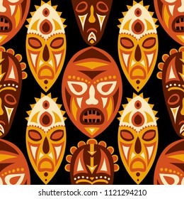 Seamless Pattern. Ethnic Seamless Pattern with Color Masks for Poster or Banner. Ethnic Seamless Background with Color Trible Ritual Masks for your Design. Vector Texture.
