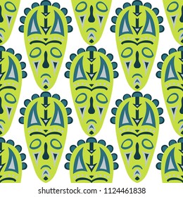 Seamless Pattern. Ethnic Seamless Pattern with Color Masks for Print or Card. Ethnic Seamless Background with Color Trible Ritual Masks for your Design. Vector Texture.