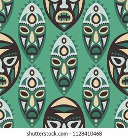 Seamless Pattern. Ethnic Seamless Pattern with Color Masks for Card or Poster. Ethnic Seamless Pattern with Color Trible Shamanic Masks for your Design. Vector Texture.