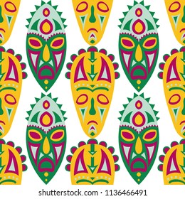 Seamless Pattern. Ethnic Seamless Pattern with Color Masks for Card or Poster. Ethnic Seamless Pattern with Color Trible Shamanic Masks for your Design. Vector Texture.