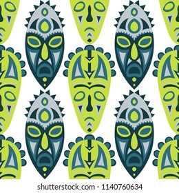 Seamless Pattern. Ethnic Seamless Pattern with Color Masks for Textile or Paper. Ethnic Seamless Background with Color Trible Ritual Masks for your Design. Vector Texture.