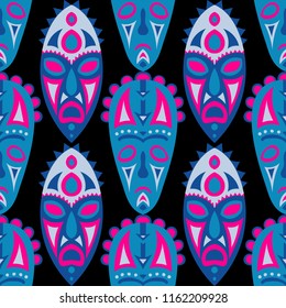 Seamless Pattern. Ethnic Seamless Pattern with Color Masks for Poster or Banner. Ethnic Seamless Pattern with Color Trible Shamanic Masks for your Design. Vector Texture.