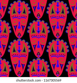 Seamless Pattern. Ethnic Seamless Pattern with Color Masks for Textile or Paper. Ethnic Seamless Background with Color Trible Ritual Masks for your Design. Vector Texture.