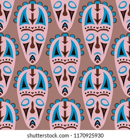 Seamless Pattern. Ethnic Seamless Pattern with Color Masks for Print or Card. Ethnic Seamless Background with Color Trible Ritual Masks for your Design. Vector Texture.