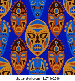 Seamless Pattern. Ethnic Seamless Pattern with Color Masks for Card or Poster. Ethnic Seamless Pattern with Color Trible Shamanic Masks for your Design. Vector Texture.