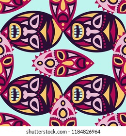 Seamless Pattern. Ethnic Seamless Pattern with Color Masks for Print or Card. Ethnic Seamless Pattern with Color Trible Shamanic Masks for your Design. Vector Texture.