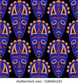 Seamless Pattern. Ethnic Seamless Pattern with Color Masks for Card or Poster. Ethnic Seamless Background with Color Trible Ritual Masks for your Design. Vector Texture.
