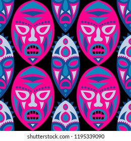 Seamless Pattern. Ethnic Seamless Pattern with Color Masks for Card or Poster. Ethnic Seamless Pattern with Color Trible Shamanic Masks for your Design. Vector Texture.