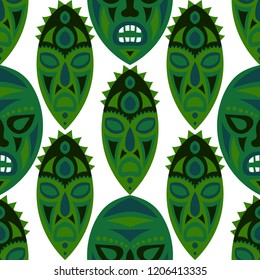 Seamless Pattern. Ethnic Seamless Pattern with Color Masks for Textile or Paper. Ethnic Seamless Background with Color Trible Ritual Masks for your Design. Vector Texture.