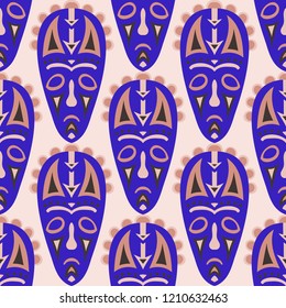 Seamless Pattern. Ethnic Seamless Pattern with Color Masks for Print or Card. Ethnic Seamless Pattern with Color Trible Shamanic Masks for your Design. Vector Texture.