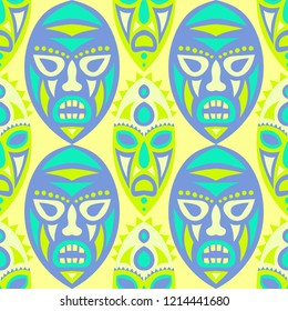Seamless Pattern. Ethnic Seamless Pattern with Color Masks for Textile or Paper. Ethnic Seamless Background with Color Trible Ritual Masks for your Design. Vector Texture.