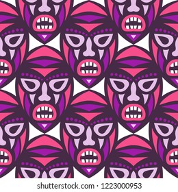 Seamless Pattern. Ethnic Seamless Pattern with Color Masks for Card or Poster. Ethnic Seamless Pattern with Color Trible Shamanic Masks for your Design. Vector Texture.