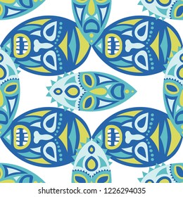 Seamless Pattern. Ethnic Seamless Pattern with Color Masks for Card or Poster. Ethnic Seamless Background with Color Trible Ritual Masks for your Design. Vector Texture.