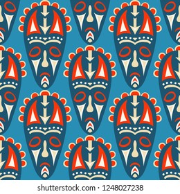 Seamless Pattern. Ethnic Seamless Pattern with Color Masks for Textile or Paper. Ethnic Seamless Pattern with Color Trible Shamanic Masks for your Design. Vector Texture.