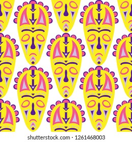 Seamless Pattern. Ethnic Seamless Pattern with Color Masks for Card or Poster. Ethnic Seamless Background with Color Trible Ritual Masks for your Design. Vector Texture.