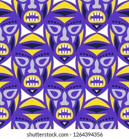 Seamless Pattern. Ethnic Seamless Pattern with Color Masks for Poster or Banner. Ethnic Seamless Background with Color Trible Ritual Masks for your Design. Vector Texture.