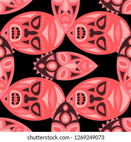 Seamless Pattern. Ethnic Seamless Pattern with Color Masks for Textile or Paper. Ethnic Seamless Background with Color Trible Ritual Masks for your Design. Vector Texture.