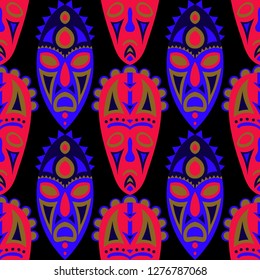 Seamless Pattern. Ethnic Seamless Pattern with Color Masks for Textile or Paper. Ethnic Seamless Background with Color Trible Ritual Masks for your Design. Vector Texture.