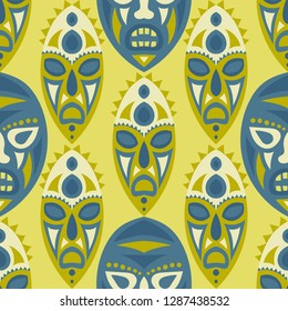 Seamless Pattern. Ethnic Seamless Pattern with Color Masks for Print or Card. Ethnic Seamless Background with Color Trible Ritual Masks for your Design. Vector Texture.