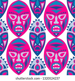 Seamless Pattern. Ethnic Seamless Pattern with Color Masks for Poster or Banner. Ethnic Seamless Pattern with Color Trible Shamanic Masks for your Design. Vector Texture.