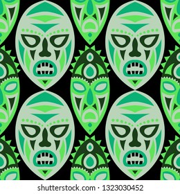 Seamless Pattern. Ethnic Seamless Pattern with Color Masks for Print or Card. Ethnic Seamless Pattern with Color Trible Shamanic Masks for your Design. Vector Texture.