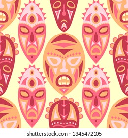 Seamless Pattern. Ethnic Seamless Pattern with Color Masks for Textile or Paper. Ethnic Seamless Pattern with Color Trible Shamanic Masks for your Design. Vector Texture.