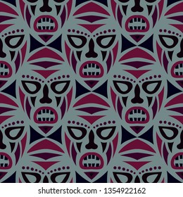 Seamless Pattern. Ethnic Seamless Pattern with Color Masks for Card or Poster. Ethnic Seamless Background with Color Trible Ritual Masks for your Design. Vector Texture.