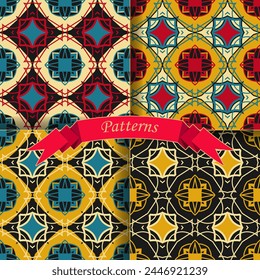 Seamless pattern with ethnic composition in four color interpretations. Vector set