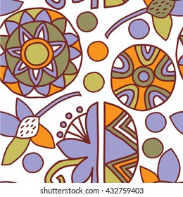 Seamless pattern with ethnic decorative elements on a white background.