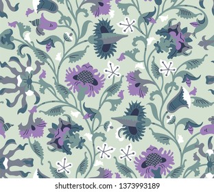 Seamless pattern with ethnic decorative flowers