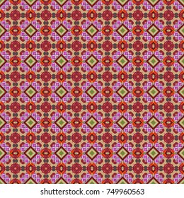Seamless pattern ethnic design in beige, violet and red colors. Geometric background with tribal tiles. Vector textile print for bed linen, jacket, package design, fabric and fashion concepts.