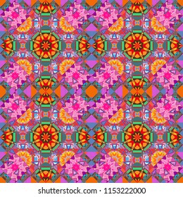 Seamless pattern ethnic design in blue, brown and beige colors. Geometric background with tribal tiles. Textile print for bed linen, jacket, package design, fabric and fashion concepts.