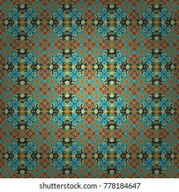 Seamless pattern ethnic design in blue, brown and green colors. Geometric background with tribal tiles. Vector textile print for bed linen, jacket, package design, fabric and fashion concepts.