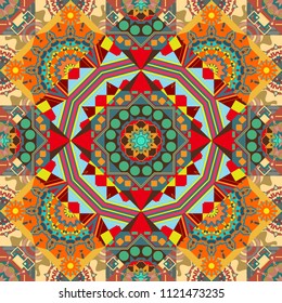Seamless pattern ethnic design in green, blue and yellow colors. Geometric background with tribal tiles. Vector textile print for bed linen, jacket, package design, fabric and fashion concepts.
