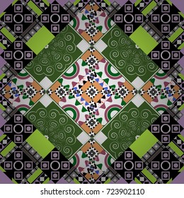 Seamless pattern ethnic design in green, white and black colors. Geometric background with tribal tiles. Vector textile print for bed linen, jacket, package design, fabric and fashion concepts.