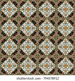 Seamless pattern ethnic design in green, gray and black colors. Geometric background with tribal tiles. Vector textile print for bed linen, jacket, package design, fabric and fashion concepts.