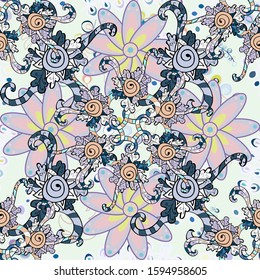 Seamless pattern ethnic design. Marine background with flowers, seashells, mandalas and watercolor effect. Textile print for bed linen, jacket, package design, fabric and fashion concepts.
