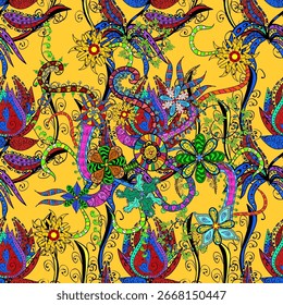 seamless pattern ethnic design. Marine background with flowers, seashells, mandalas and watercolor effect. Textile print for bed linen, jacket, package design, fabric and fashion concepts.Yellow. Dood