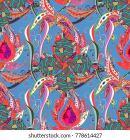 Seamless pattern ethnic design. Marine background with flowers, seashells, mandalas and watercolor effect. Textile print for bed linen, jacket, package design, fabric and fashion concepts.
