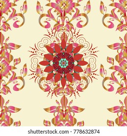 Seamless pattern ethnic design. Marine background with flowers, seashells, mandalas and watercolor effect. Textile print for bed linen, jacket, package design, fabric and fashion concepts.