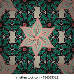 Seamless pattern ethnic design. Marine background with flowers, seashells, mandalas and watercolor effect. Textile print for bed linen, jacket, package design, fabric and fashion concepts.