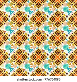 Seamless pattern ethnic design in orange, white and yellow colors. Geometric background with tribal tiles. Vector textile print for bed linen, jacket, package design, fabric and fashion concepts.