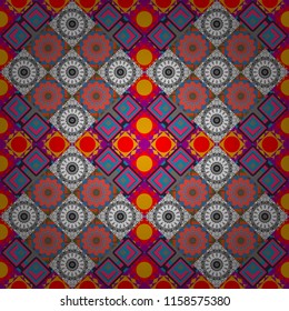 Seamless pattern ethnic design in pink, blue and gray colors. Geometric background with tribal tiles. Vector textile print for bed linen, jacket, package design, fabric and fashion concepts.