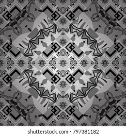 Seamless pattern ethnic design in white, gray and black colors. Geometric background with tribal tiles. Vector textile print for bed linen, jacket, package design, fabric and fashion concepts.