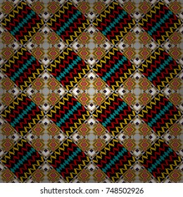 Seamless pattern ethnic design in yellow, red and black colors. Geometric background with tribal tiles. Vector textile print for bed linen, jacket, package design, fabric and fashion concepts.